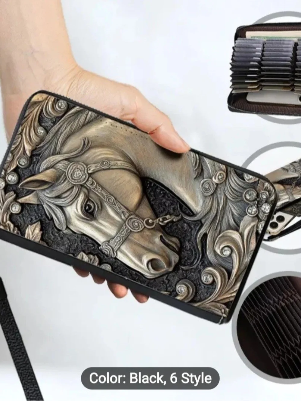 Horse Embossed Relief Full Zip Multi-Card Wallet/Phone Case W/Wristlet Strap